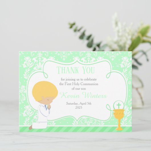 Blonde Boy First Community Damask Bedankkaart (Staand voorkant)