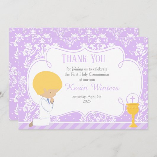 Blonde Boy First Community Damask Bedankkaart (Voorkant / Achterkant)