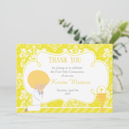 Blonde Boy First Community Damask Bedankkaart (Staand voorkant)