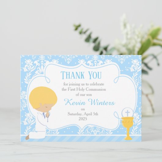 Blonde Boy First Community Damask Bedankkaart (Staand voorkant)