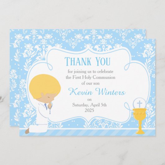 Blonde Boy First Community Damask Bedankkaart (Voorkant / Achterkant)