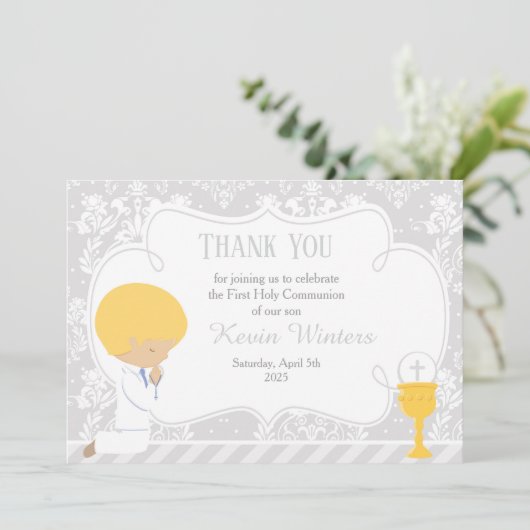 Blonde Boy First Community Damask Bedankkaart (Staand voorkant)