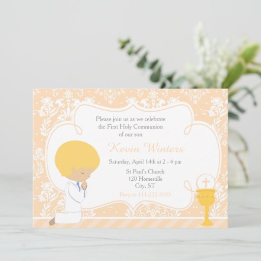 Blonde Boy First Community Damask Kaart (Staand voorkant)