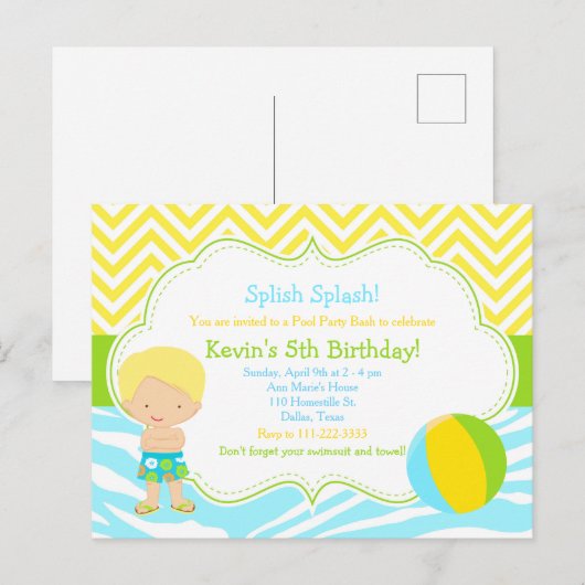 Blonde Boy Pool Party Basparty Briefkaart (Voorkant / Achterkant)