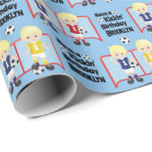 Blonde Boy Soccer Birthday Personalized Cadeaupapier (Rol Hoek)