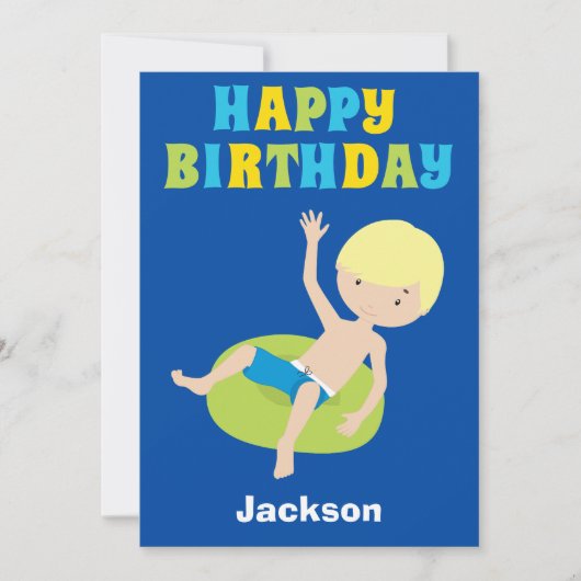 Blonde Boy Swimmer Aangepaste Kind Happy Birthday Kaart (Voorkant)