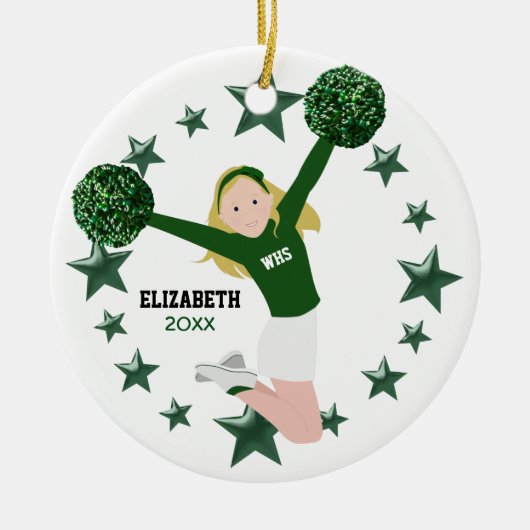 Blonde Cheer Green & White Pom Poms Keramisch Ornament (Voorkant)