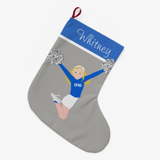 Blonde Cheerleader in het wit en blauw Grote Kerstsok (Voorkant (Hangend))
