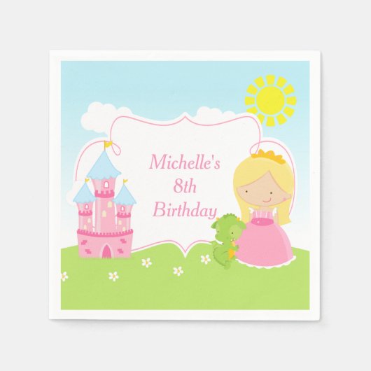 Blonde Cute Princess en Dragon Birthday Party Servet (Voorkant)