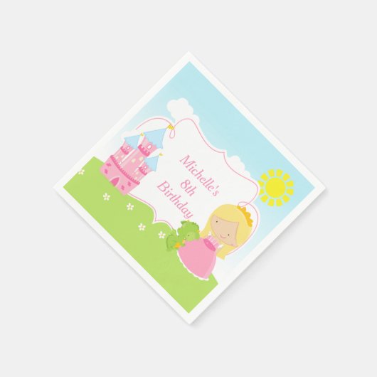 Blonde Cute Princess en Dragon Birthday Party Servet (Hoek)