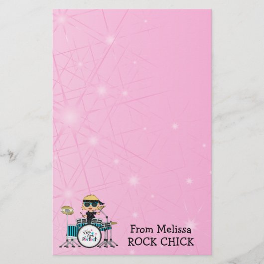 Blonde Drummer Girl met sterren op roze Briefpapier (Voorkant)