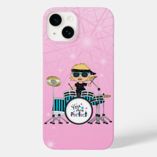 Blonde Drummer Girl met sterren op roze Case-Mate iPhone Case (Achterkant)