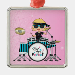 Blonde Drummer Girl met sterren op roze Metalen Ornament