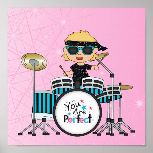 Blonde Drummer Girl met sterren op roze Poster (Voorkant)