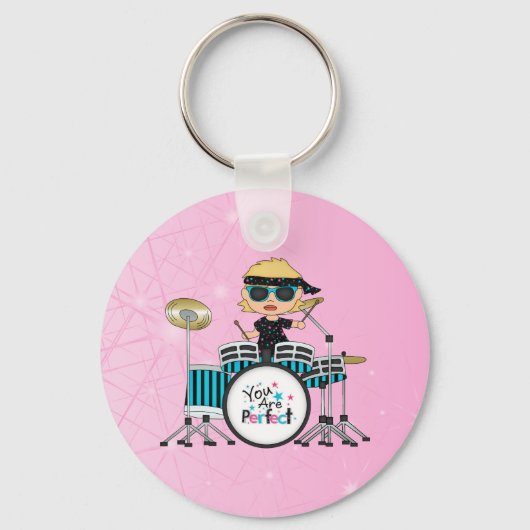 Blonde Drummer Girl met sterren op roze Sleutelhanger (Achterkant)