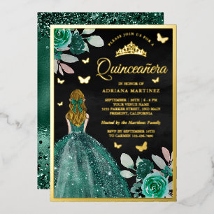 Blonde Emerald Dress Butterfly Quinceanera Gold Folie Uitnodiging