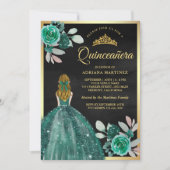 Blonde Emerald Jurk Zwart Goud Quinceanera Kaart (Voorkant)
