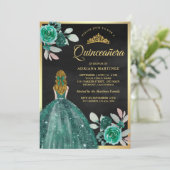 Blonde Emerald Jurk Zwart Goud Quinceanera Kaart (Staand voorkant)