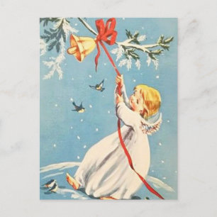 Blonde engel die een gouden bel met rode strik lui briefkaart