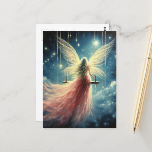 Blonde fee op een schommel in een roze jurk briefkaart