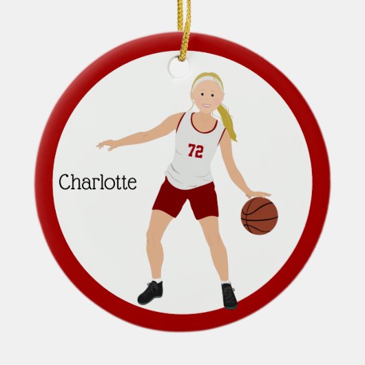 Blonde Girl Basketball Player in rood en wit Keramisch Ornament (Voorkant)