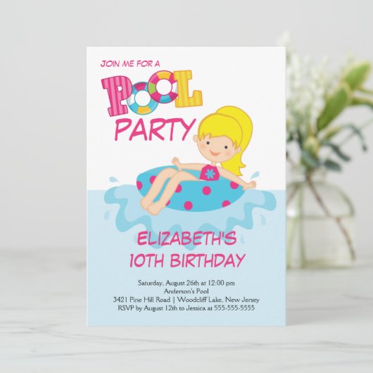 Blonde Girl Birthday Summer Pool Kaart (Staand voorkant)