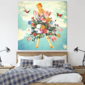 Blonde Girl Bouquet & Sky Retro Collage Canvas Afdruk (Insitu (Slaapkamer))