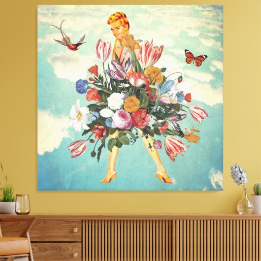 Blonde Girl Bouquet & Sky Retro Collage Canvas Afdruk (Insitu (Woonkamer))