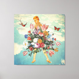 Blonde Girl Bouquet & Sky Retro Collage Canvas Afdruk