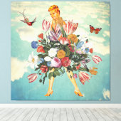 Blonde Girl Bouquet & Sky Retro Collage Canvas Afdruk (Insitu (Houten vloer))
