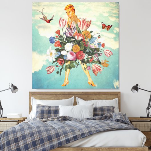 Blonde Girl Bouquet & Sky Retro Collage Canvas Afdruk (Insitu (Slaapkamer))