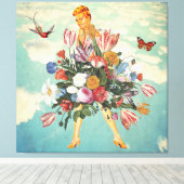 Blonde Girl Bouquet & Sky Retro Collage Canvas Afdruk (Insitu (Houten vloer))