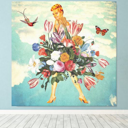 Blonde Girl Bouquet & Sky Retro Collage Canvas Afdruk (Insitu (Houten vloer))