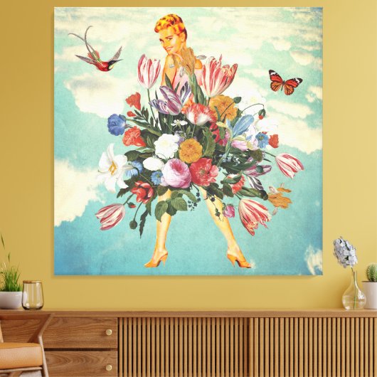 Blonde Girl Bouquet & Sky Retro Collage Canvas Afdruk (Insitu (Woonkamer))