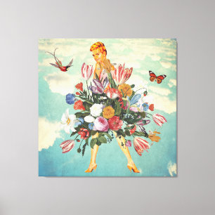 Blonde Girl Bouquet & Sky Retro Collage Canvas Afdruk