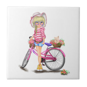 Blonde Girl Ceramic Tile with Pink Bike Tegeltje