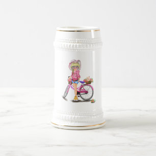 Blonde Girl en Pink Bike Beer Stein Bierpul
