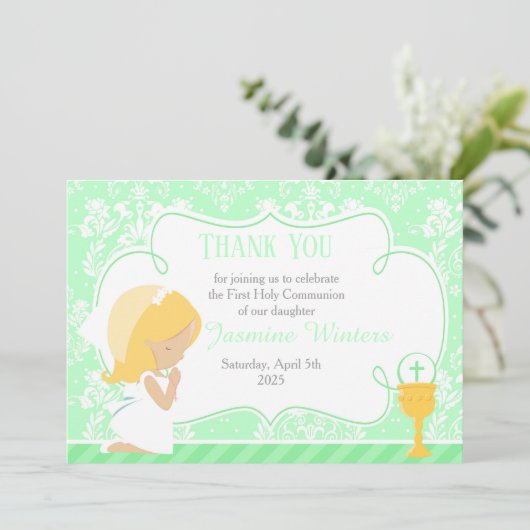 Blonde Girl First Commune Damask Bedankkaart (Staand voorkant)