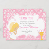 Blonde Girl First Commune Damask Bedankkaart (Voorkant / Achterkant)