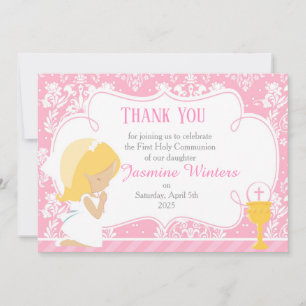 Blonde Girl First Commune Damask Bedankkaart