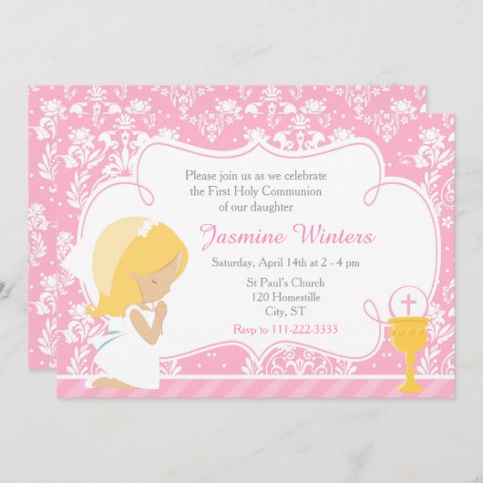 Blonde Girl First Commune Damask Kaart (Voorkant / Achterkant)