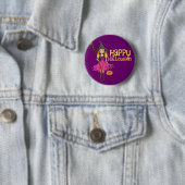 Blonde girl happy Halloween kinder button badge (In situ)