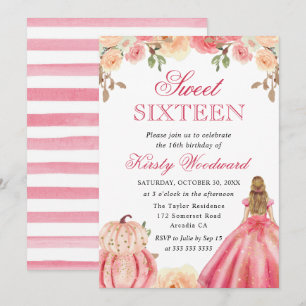 Blonde Girl in Pink Dress Floral Pumpkins Sweet 16 Kaart