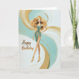 Blonde Girl in Teal Gold Glam Fashionista Birthday Kaart