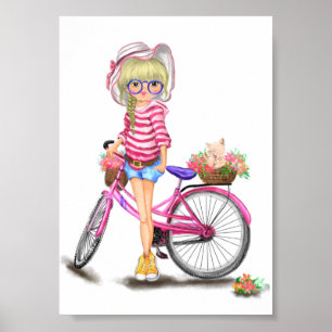 Blonde Girl met Poster van roze bike