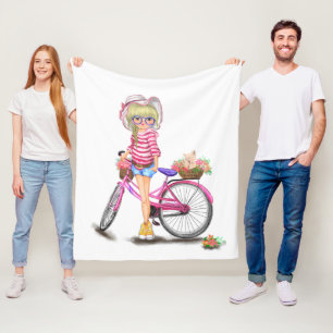 Blonde Girl met roze bike Fleece Blanket Deken
