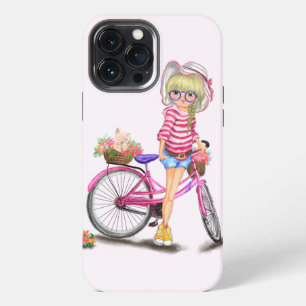 Blonde Girl met roze Bike iPhone Case 13 Pro Max Hoesje