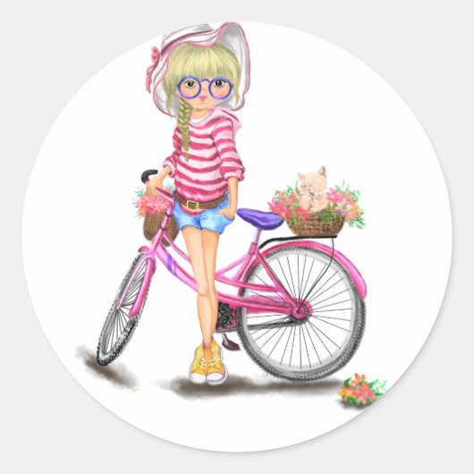 Blonde Girl met roze bike Sticker (Voorkant)