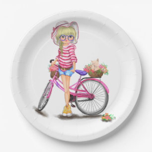Blonde Girl met roze Borden van bike Papieren Bordje