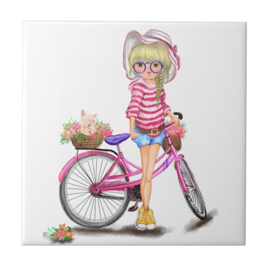 Blonde Girl Pink Bicycle Tile Tegeltje (Voorkant)